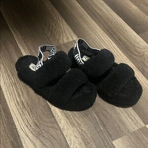 UGG Black Fuzzy Slippers